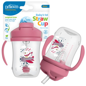 Dr brown's kubek pierwsza słomka niekapek z obciążoną słomką i uchwytami 270ml różowy królik