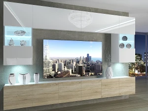 Meblościanka 300 cm TV/RTV biała połysk dębowa dąb wotan dąb sonoma  BELINI meble do salonu