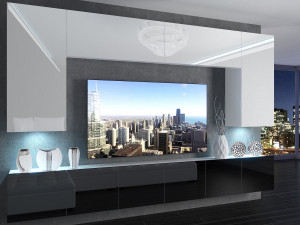 Meblościanka 300 cm TV/RTV biała połysk czarna połysk  BELINI meble do salonu