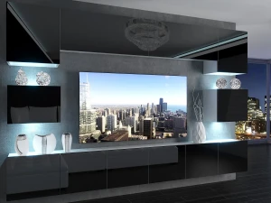 Meblościanka 300 cm TV/RTV czarna połysk  BELINI meble do salonu