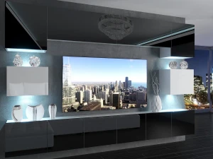 Meblościanka 300 cm TV/RTV czarny połysk biały połysk  BELINI meble do salonu