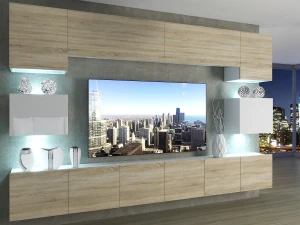 Meblościanka 300 cm TV/RTV dębowa dąb wotan dąb sonoma biała połysk  BELINI meble do salonu
