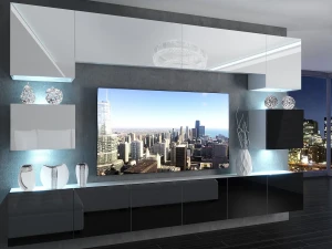Meblościanka 300 cm TV/RTV biała połysk czarna połysk  BELINI meble do salonu