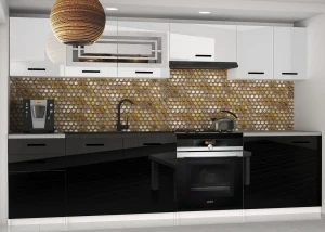 Meble kuchenne 240 cm białe połysk czarne połysk z blatem  BELINI