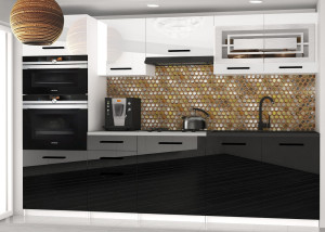 Meble kuchenne 240 cm białe połysk czarne połysk z blatem  BELINI