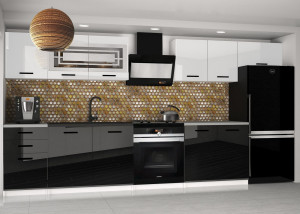 Meble kuchenne 300 cm białe połysk czare połysk z blatem  BELINI