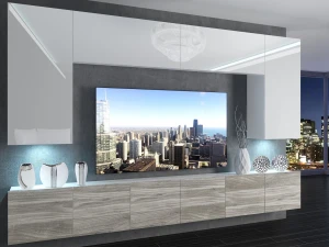 Meblościanka 300 cm TV/RTV biała połysk szary antracyt grafitowy  BELINI meble do salonu