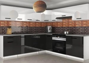 Meble kuchenne 420 cm białe połysk czarne połysk z blatem  BELINI