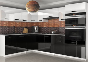 Meble kuchenne 420 cm białe połysk czarne połysk z blatem  BELINI