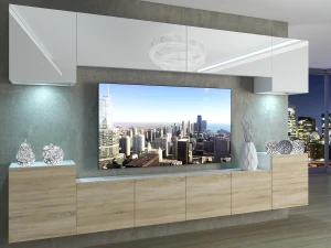 Meblościanka 300 cm TV/RTV biała połysk dębowa dąb wotan dąb sonoma  BELINI meble do salonu