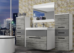 Meble łazienkowe BELINI szafki + umywalka + lustro 120cm glamour wood/szary mat