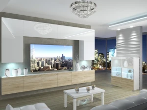 Meblościanka 300 cm TV/RTV biała połysk dębowa dąb wotan dąb sonoma  BELINI meble do salonu