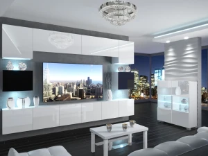 Meblościanka 300 cm TV/RTV biała połysk czarna połysk  BELINI meble do salonu