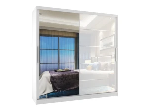 Szafa przesuwna 200 cm PREMIUM Z SZUFLADAMI z lustrem biały połysk  BELINI