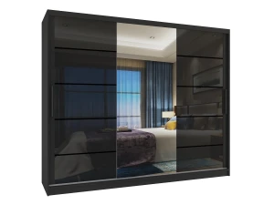 Szafa przesuwna 232 cm PREMIUM Z SZUFLADAMI z lustrem czarna połysk  BELINI