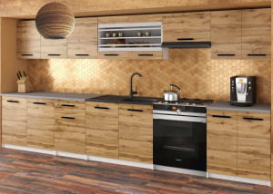 Meble kuchenne 320 cm dębowe dąb wotan dąb sonoma z blatem  BELINI