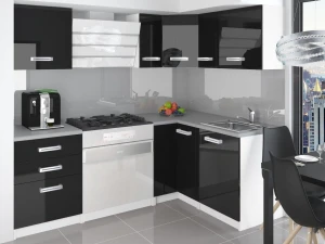 Meble kuchenne 300 cm czarne połysk z blatem  BELINI
