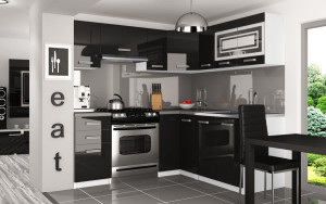 Meble kuchenne 360 cm czarne połysk z blatem  BELINI