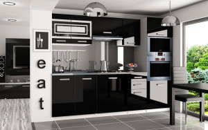 Meble kuchenne 240 cm czarne połysk z blatem  BELINI