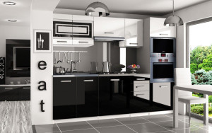 Meble kuchenne 240 cm białe połysk czarne połysk z blatem  BELINI