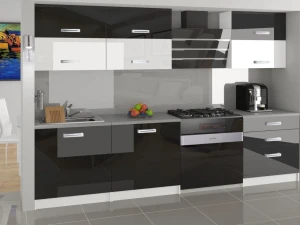 Meble kuchenne 180 cm białe połysk czarne połysk z blatem  BELINI