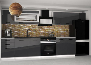 Meble kuchenne 300 cm szare połysk z blatem  BELINI