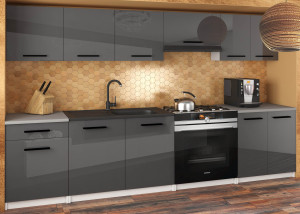 Meble kuchenne 240 cm szare połysk antracyt grafitowy z blatem  BELINI