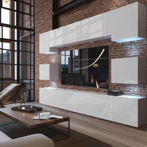 Meblościanka 300 cm TV/RTV biała połysk  BELINI meble do salonu