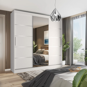 Szafa przesuwna 232 cm PREMIUM Z SZUFLADAMI z lustrem biała mat  BELINI