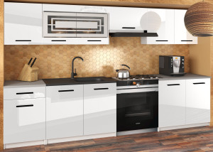 Meble kuchenne JUSTYNA 260 cm białe połysk z blatem  BELINI