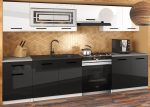 Meble kuchenne JUSTYNA 260 cm białe połysk czarne połysk z blatem  BELINI