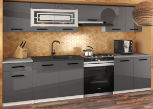 Meble kuchenne JUSTYNA 260 cm szare połysk z blatem  BELINI