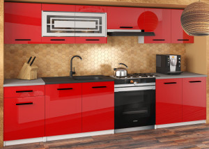 Meble kuchenne JUSTYNA 260 cm czerwone połysk z blatem  BELINI