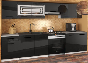 Meble kuchenne JUSTYNA 260 cm czarne połysk z blatem  BELINI