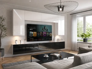 Meblościanka 300 cm TV/RTV biała połysk czarna połysk  BELINI meble do salonu
