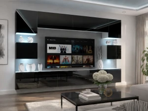 Meblościanka 300 cm TV/RTV czarna połysk  BELINI meble do salonu