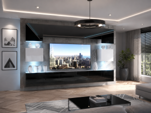 Meblościanka 300 cm TV/RTV czarny połysk biały połysk  BELINI meble do salonu