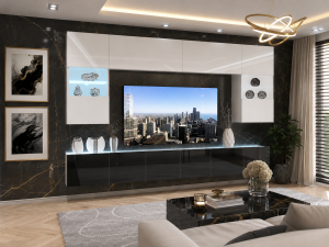Meblościanka 300 cm TV/RTV biała połysk czarna połysk  BELINI meble do salonu