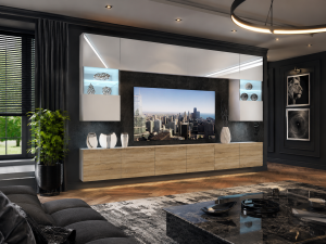 Meblościanka 300 cm TV/RTV biała połysk dębowa dąb wotan dąb sonoma  BELINI meble do salonu