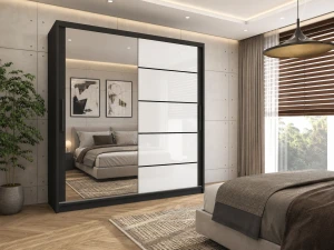 Szafa przesuwna 158 cm PREMIUM Z SZUFLADAMI z lustrem biały połysk  BELINI