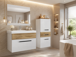 Meble łazienkowe BELINI szafki + umywalka + lustro 90cm biały połysk/dąb sonoma