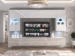 Meblościanka 300 cm TV/RTV biała połysk szary antracyt grafitowy  BELINI meble do salonu