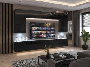 Meblościanka 300 cm TV/RTV czarna połysk  BELINI meble do salonu