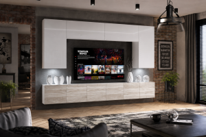 Meblościanka 300 cm TV/RTV biała połysk szary antracyt grafitowy  BELINI meble do salonu