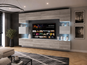 Meblościanka 300 cm TV/RTV biała połysk szary antracyt grafitowy  BELINI meble do salonu