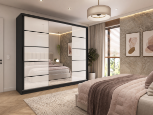 Szafa przesuwna 232 cm PREMIUM Z SZUFLADAMI z lustrem biały połysk  BELINI
