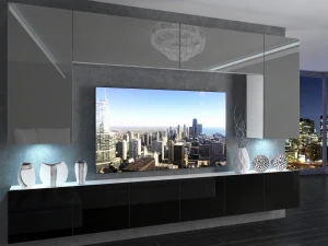 Meblościanka 300 cm TV/RTV szarapołysk czarna połysk  BELINI meble do salonu