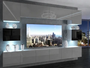 Meblościanka 300 cm TV/RTV szara połysk czarna połysk  BELINI meble do salonu