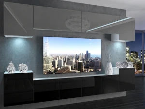 Meblościanka 300 cm TV/RTV szara połysk czarna połysk  BELINI meble do salonu