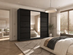 Szafa przesuwna 232 cm PREMIUM Z SZUFLADAMI czarna heban ciemna  BELINI